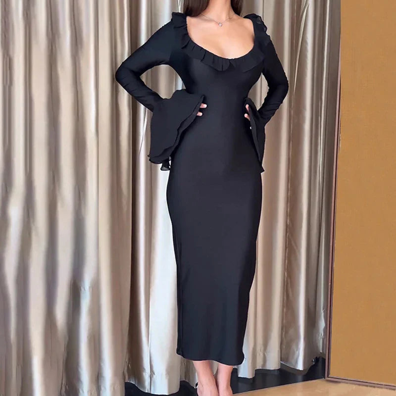 Refined Solid Color O Neck Flare Sleeve Laceup Ruffles Maxi Dress