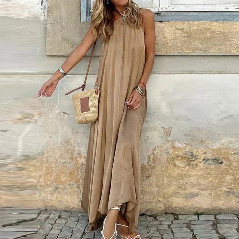 Spaghetti Strap Gathered Neckline Oversized Flowy Maxi Summer Dress