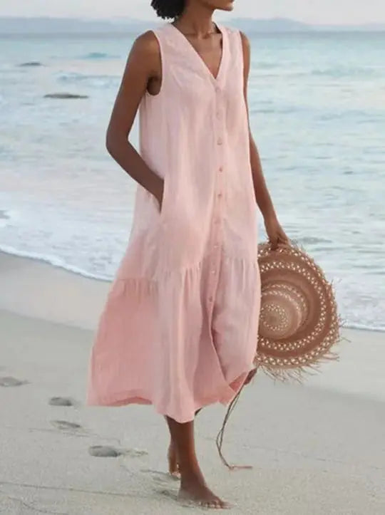 Refined Solid Shirt Summer Sleeveless V Neck Harajuku Maxi Dress
