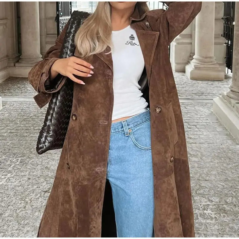 Suede-Look Double Breasted Belted Longline Trench Coat 4