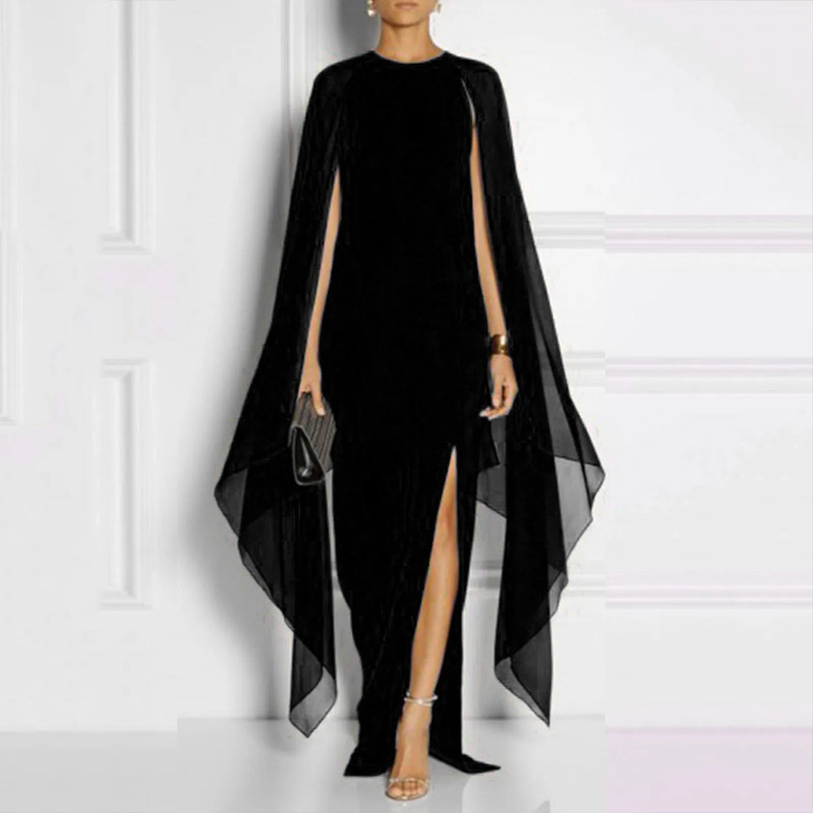 Graceful Summer Maxi Chiffon Cape Long High Slit Irregular Batwing Sleeve Vestidos Dress