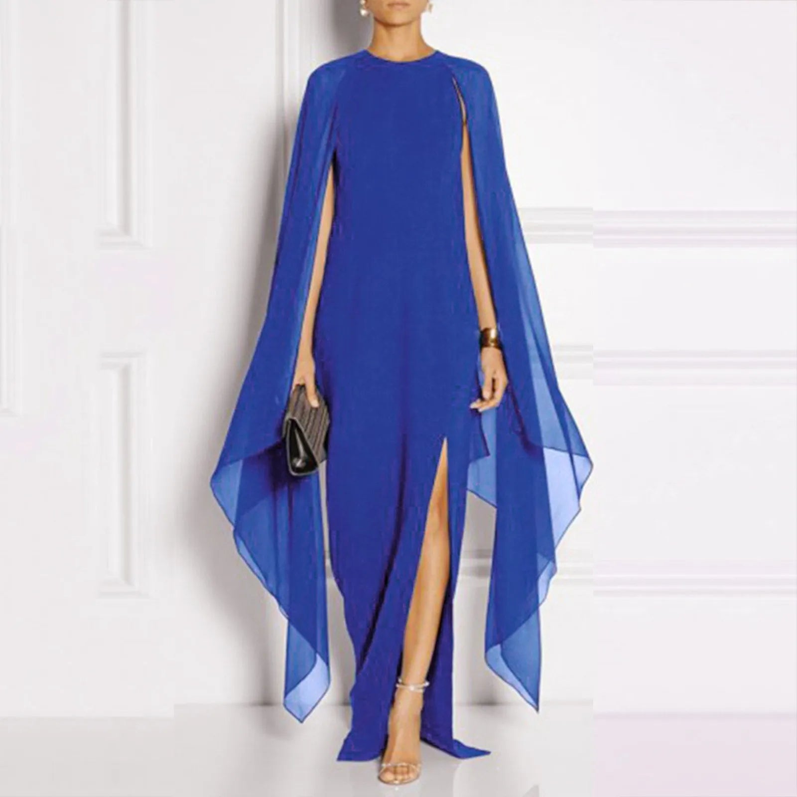 Graceful Summer Maxi Chiffon Cape Long High Slit Irregular Batwing Sleeve Vestidos Dress