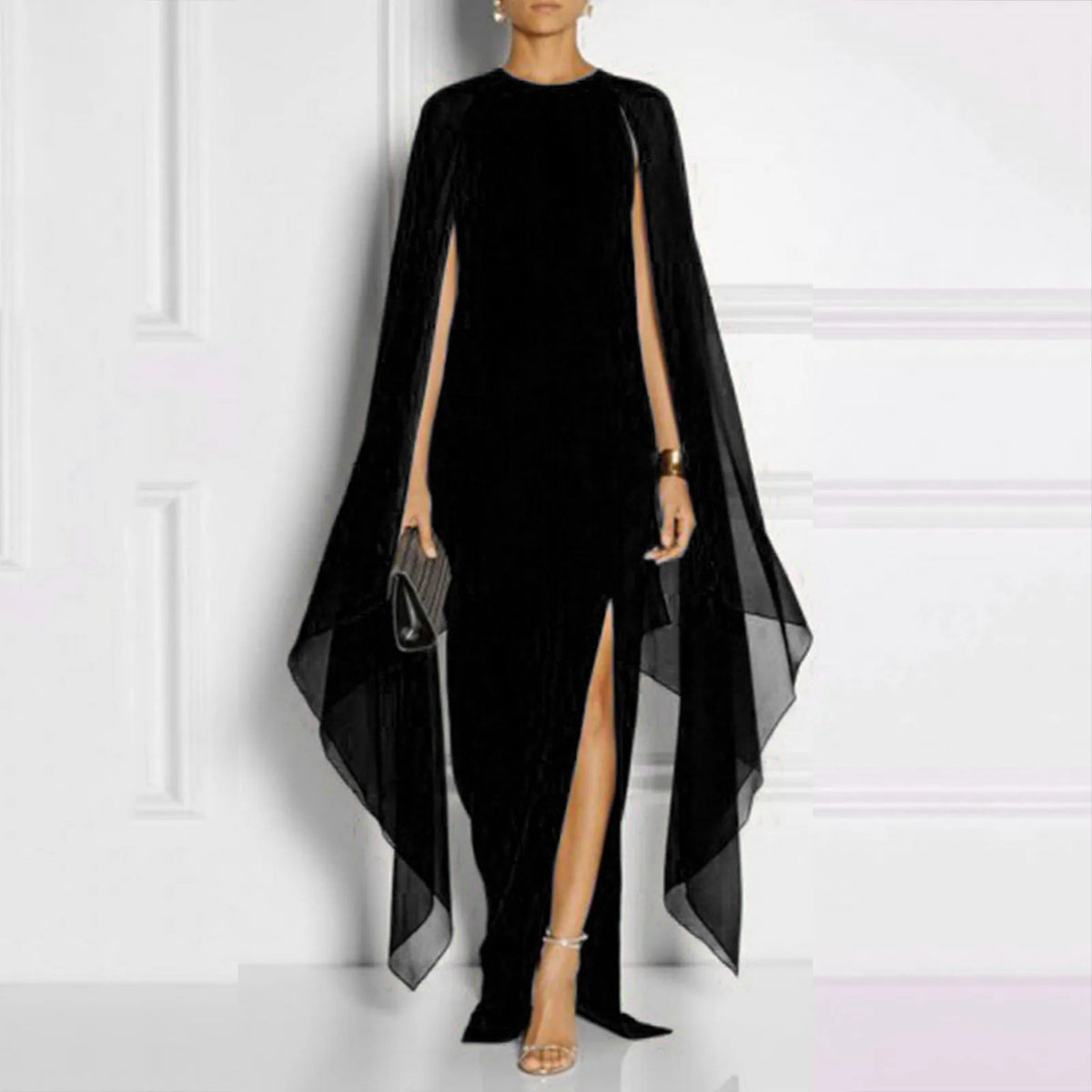 Chiffon Cape Sleeve Round Neck High Split Maxi Dress