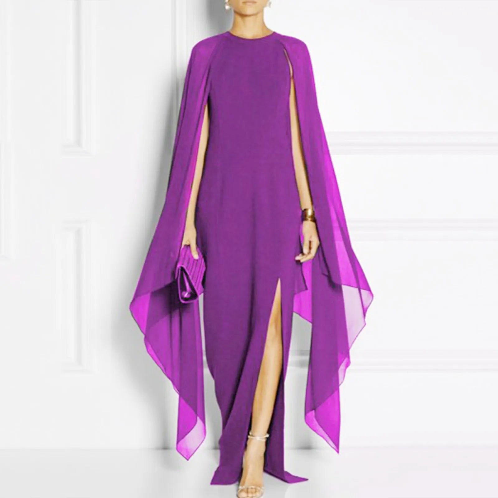Graceful Summer Maxi Chiffon Cape Long High Slit Irregular Batwing Sleeve Vestidos Dress