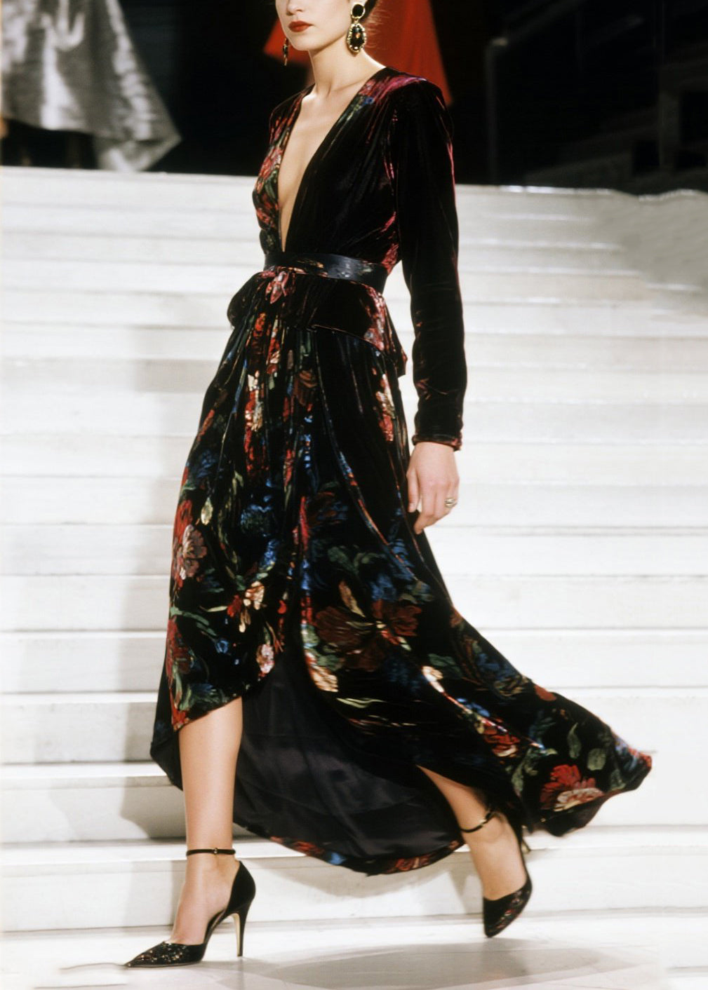 Velvet Floral Wrap Deep V-Neck Long Sleeve High Split Maxi Gown