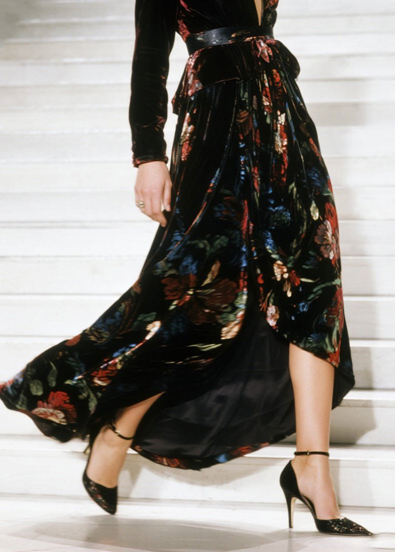 Velvet Floral Wrap Deep V-Neck Long Sleeve High Split Maxi Gown
