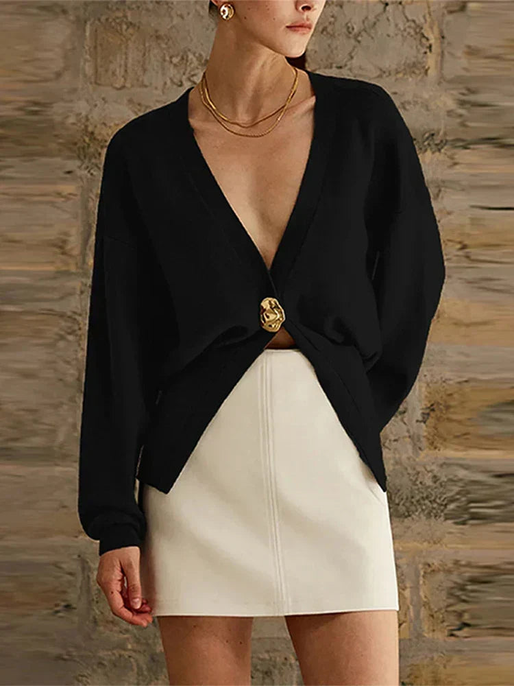 Deep V-Neck Single Button Drop Shoulder Split Hem Knit Cardigan 3