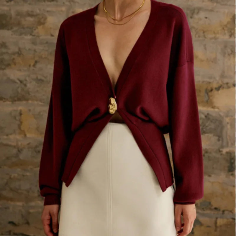 Deep V-Neck Single Button Drop Shoulder Split Hem Knit Cardigan 5