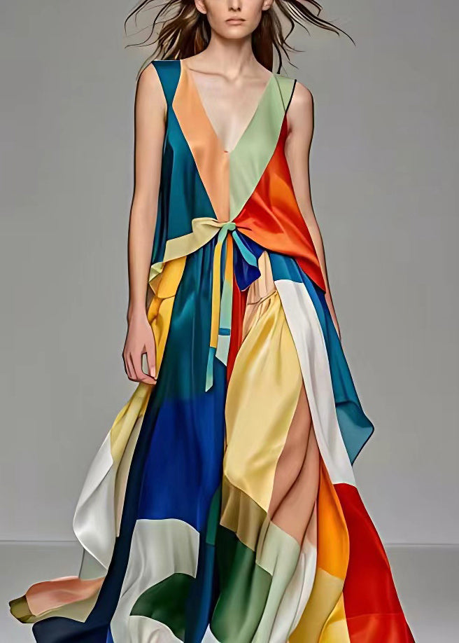 Deep V-Neck Sleeveless Lace Up Colorblock Satin High Split Maxi Gown
