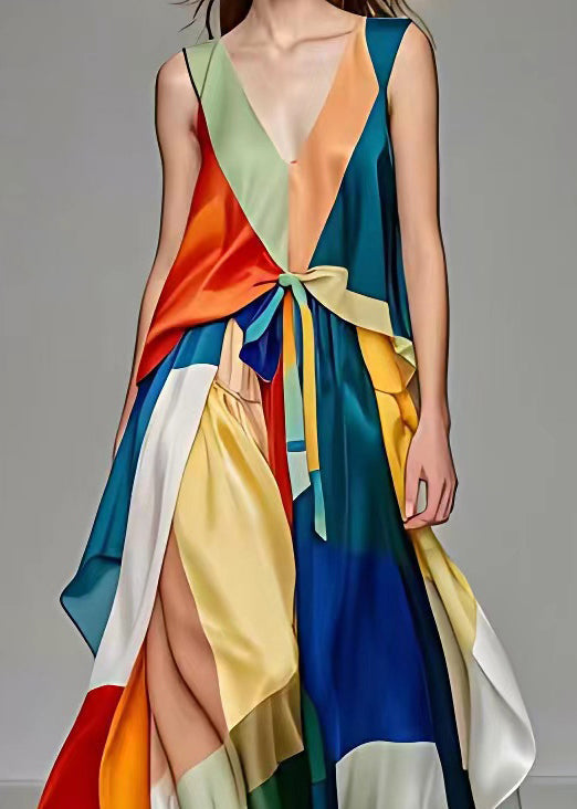 Deep V-Neck Sleeveless Lace Up Colorblock Satin High Split Maxi Gown