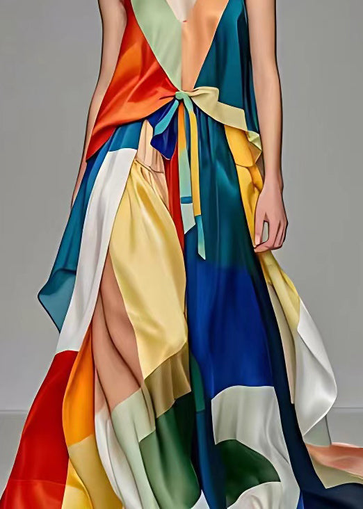 Deep V-Neck Sleeveless Lace Up Colorblock Satin High Split Maxi Gown
