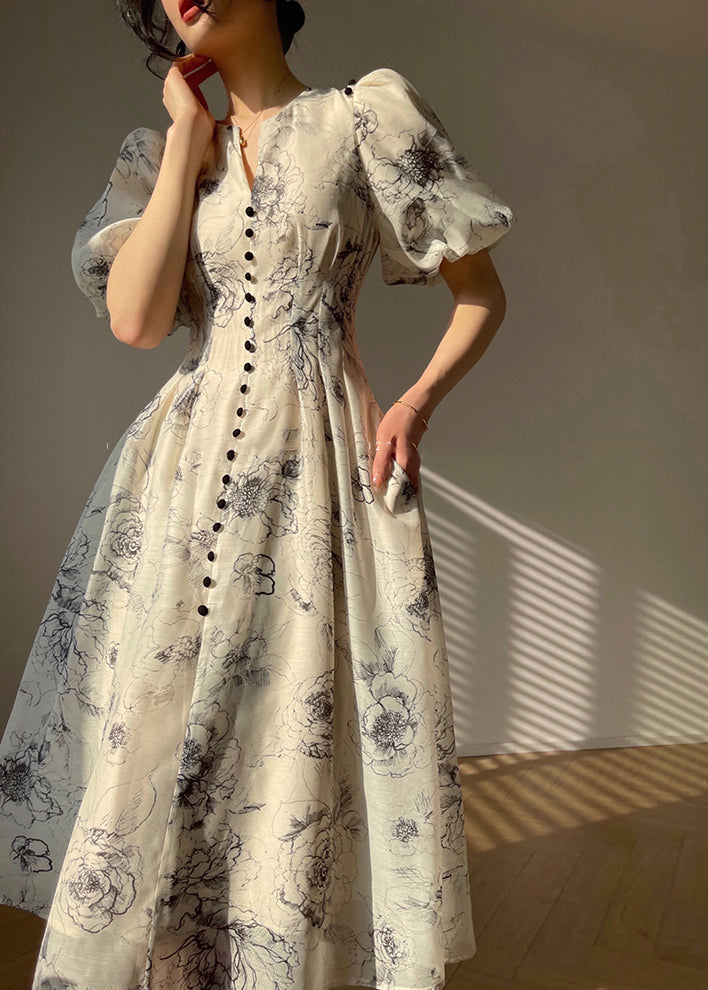 Floral Print V-Neck Puff Sleeve Button Front A-Line Maxi Dress