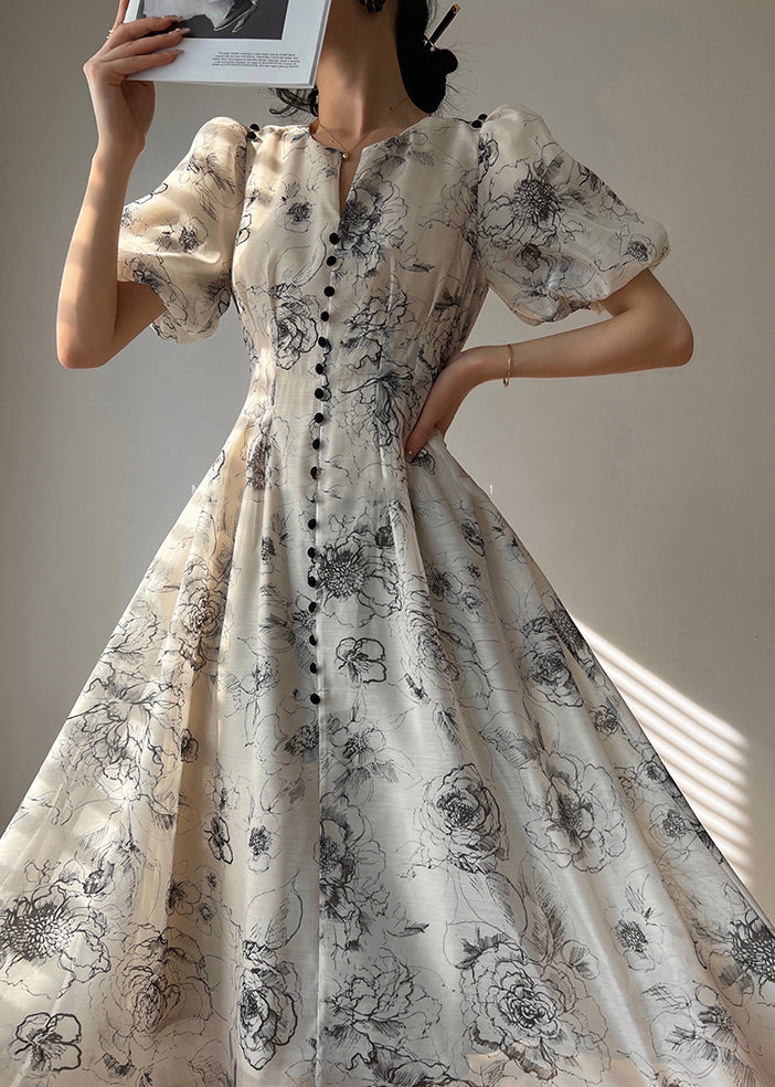 Elegant V Neck Print Button Chiffon Maxi Dress Short Sleeve - View 3