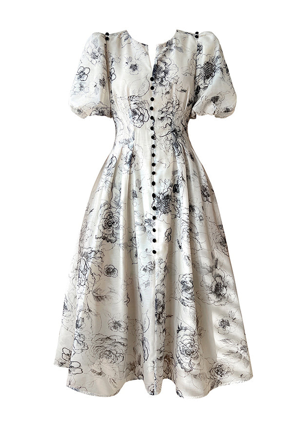 Elegant V Neck Print Button Chiffon Maxi Dress Short Sleeve - View 5