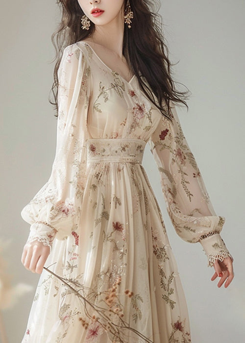 Elegant V Neck Print High Waist Chiffon Dress Long Sleeve 4