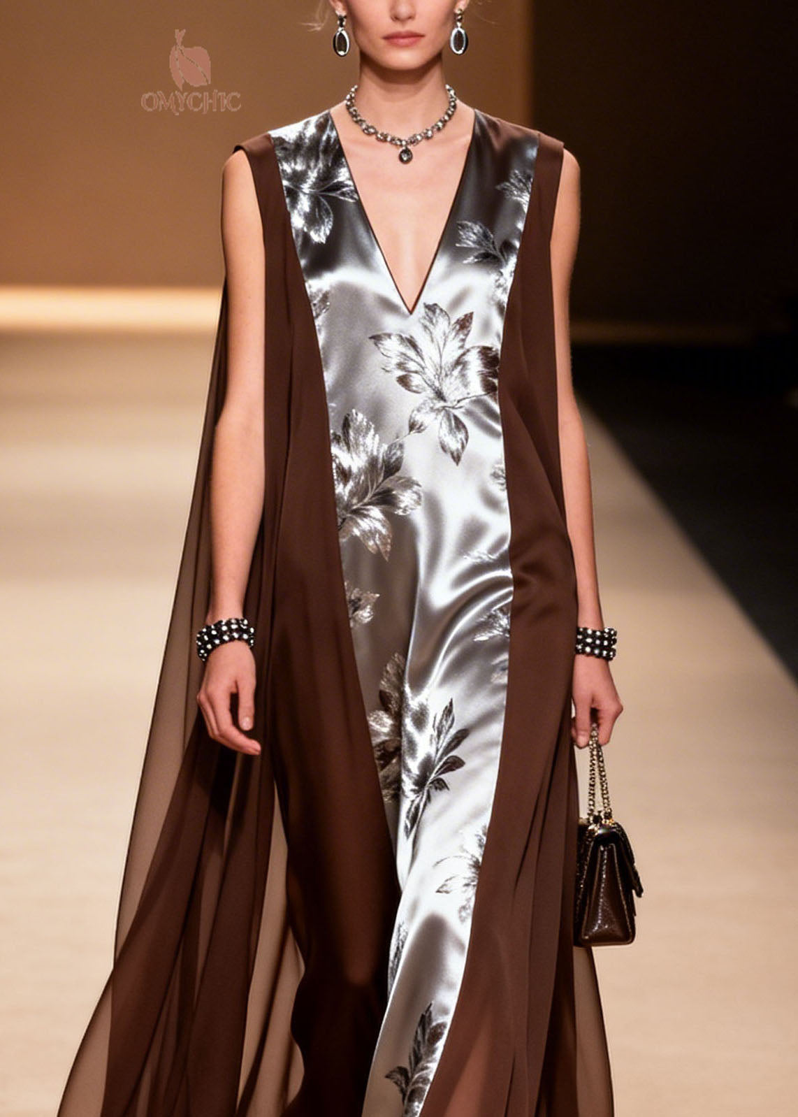 Floral Print Deep V-Neck Sleeveless Sheer Cape Wing Panel Maxi Gown