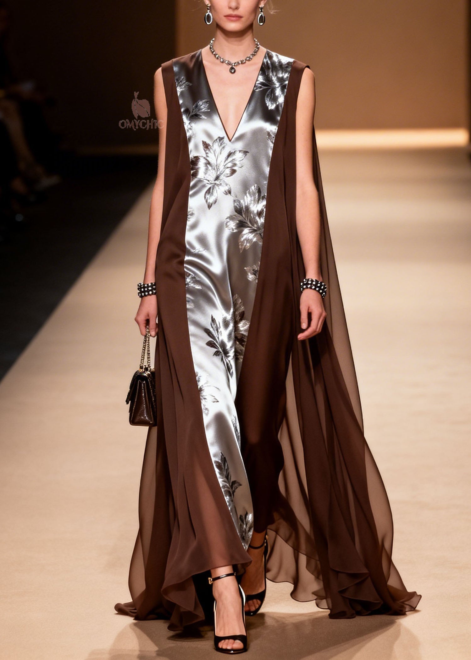 Floral Print Deep V-Neck Sleeveless Sheer Cape Wing Panel Maxi Gown