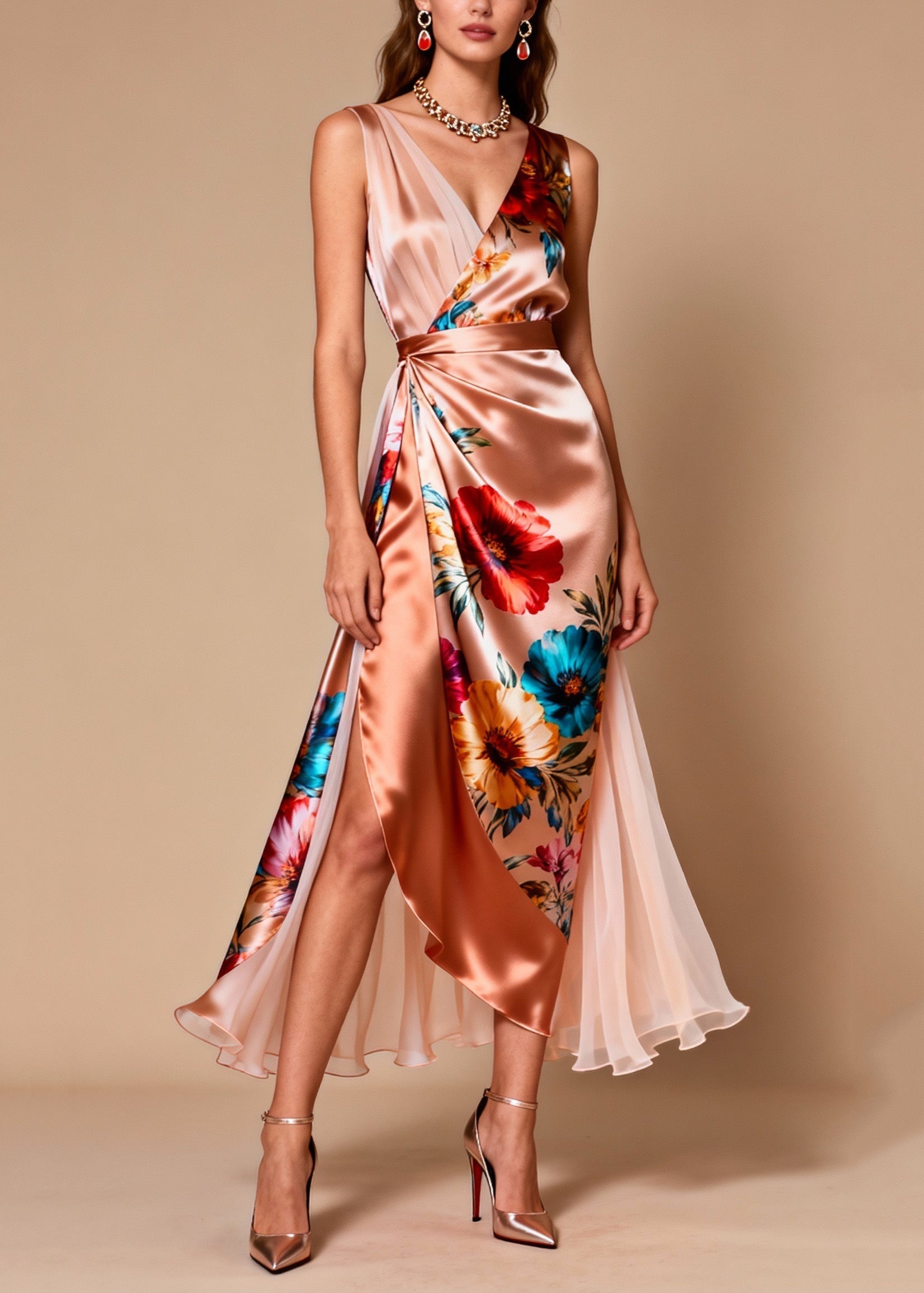Floral Print Surplice V-Neck Wrap High Split Pleated Maxi Dress