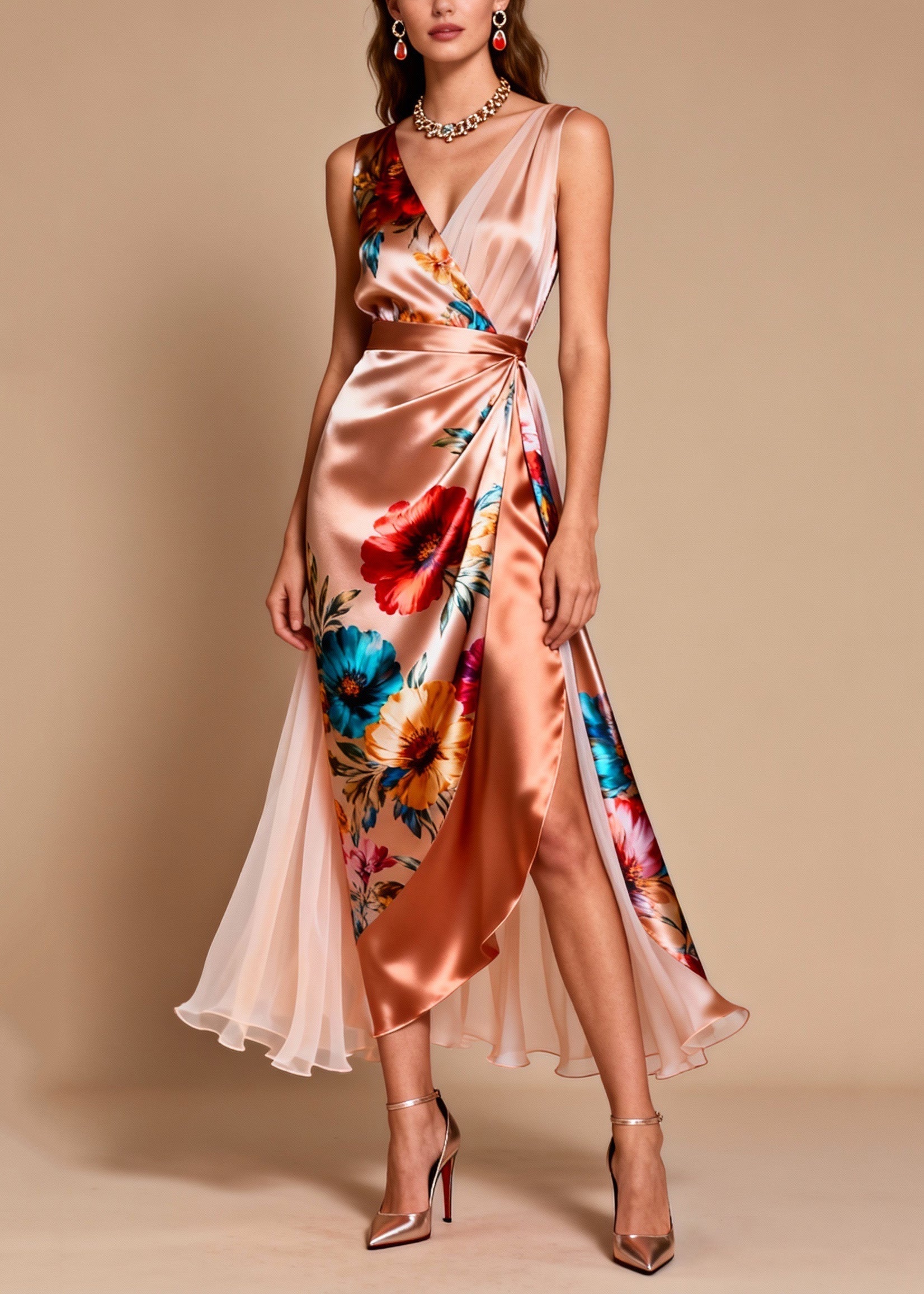 Floral Print Surplice V-Neck Wrap High Split Pleated Maxi Dress