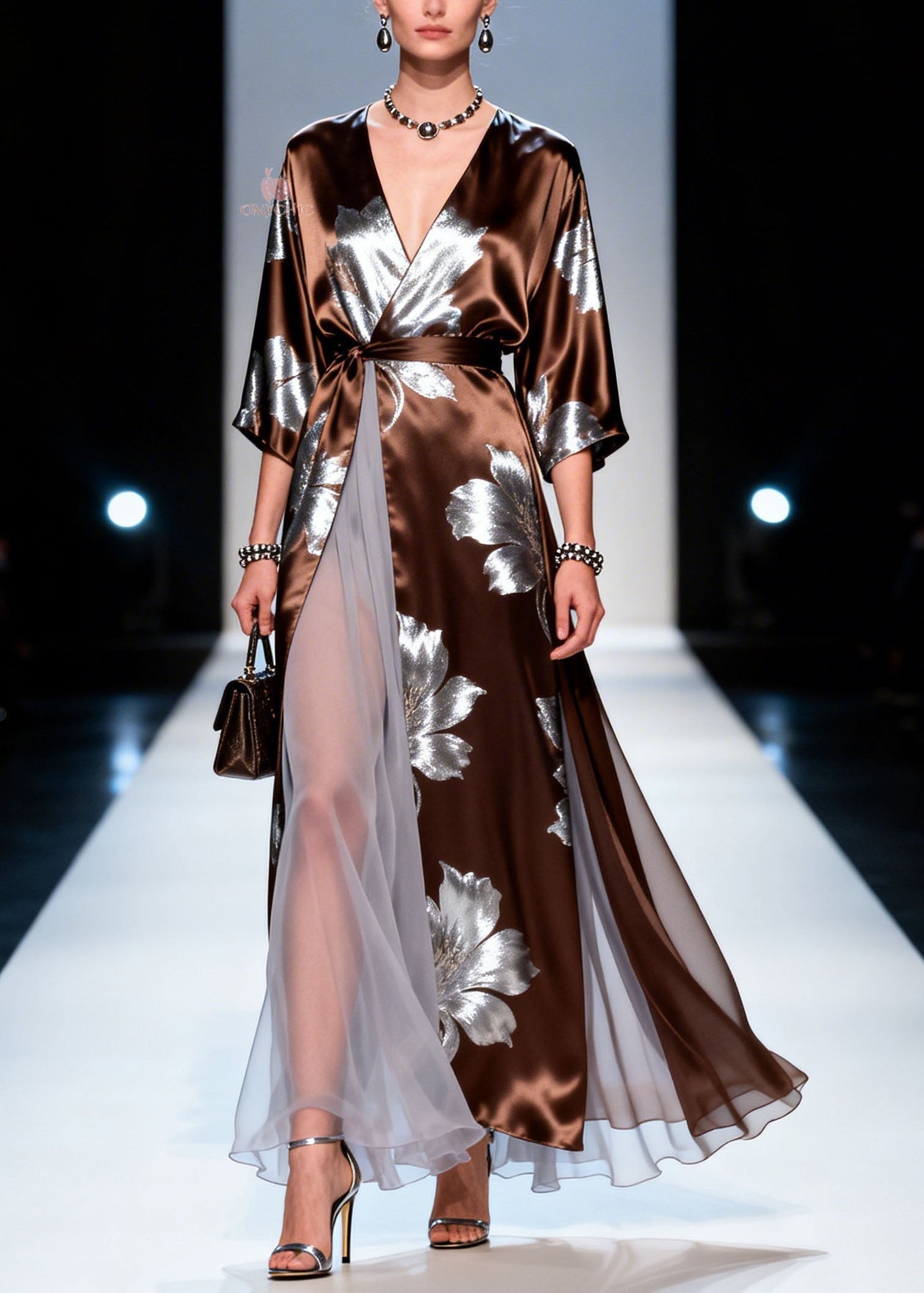Satin Floral Print V-Neck Kimono Sleeve Tulle Panel Wrap Maxi Gown