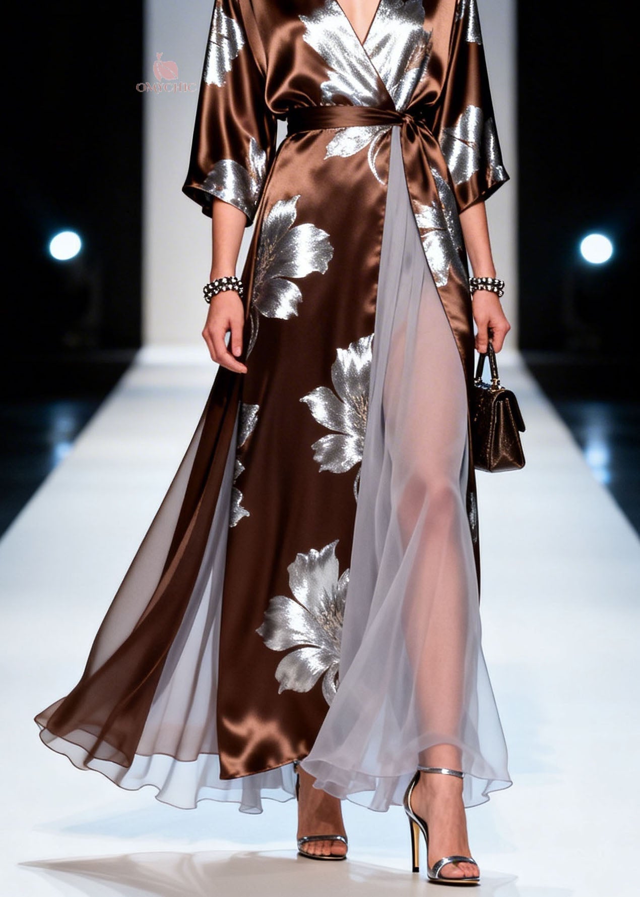 Satin Floral Print V-Neck Kimono Sleeve Tulle Panel Wrap Maxi Gown