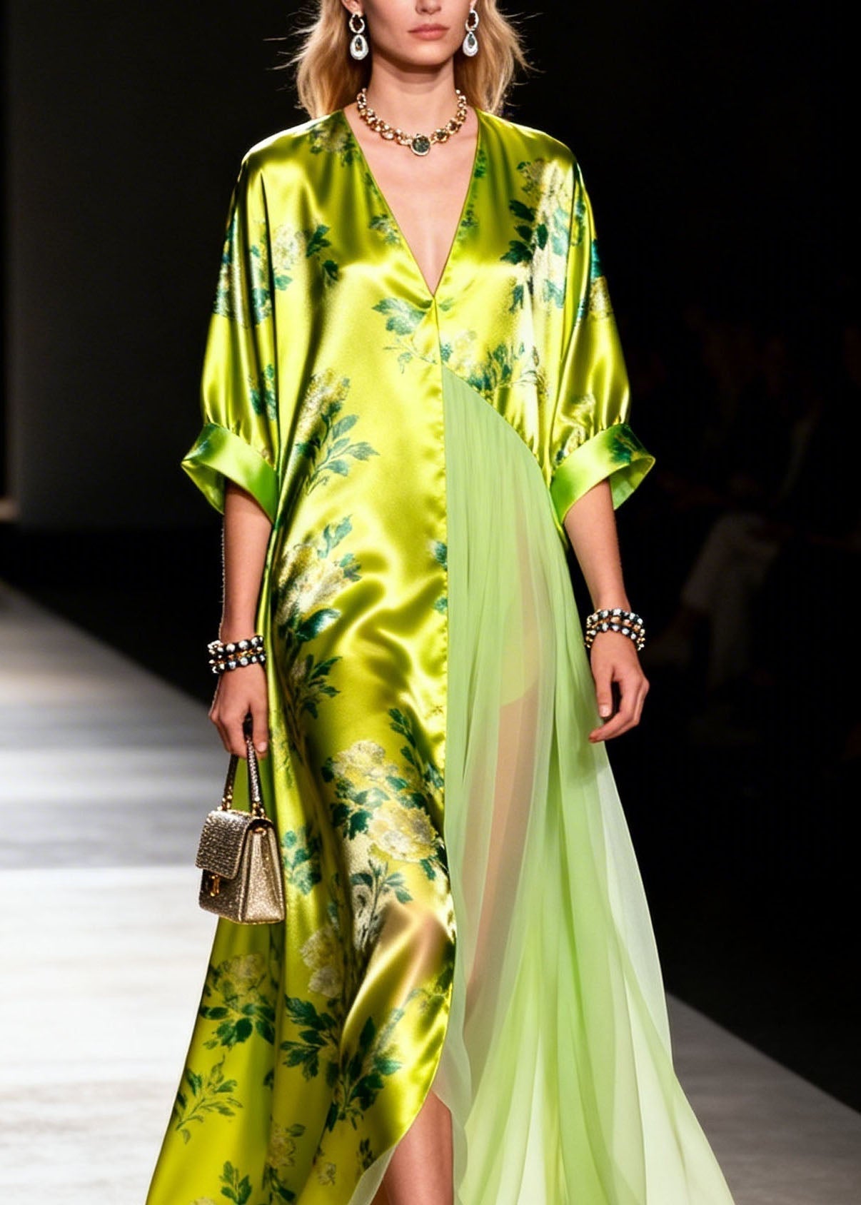 Floral Print Deep V-Neck Pleated Chiffon Panel Wide Cuff Sleeve Maxi Dress