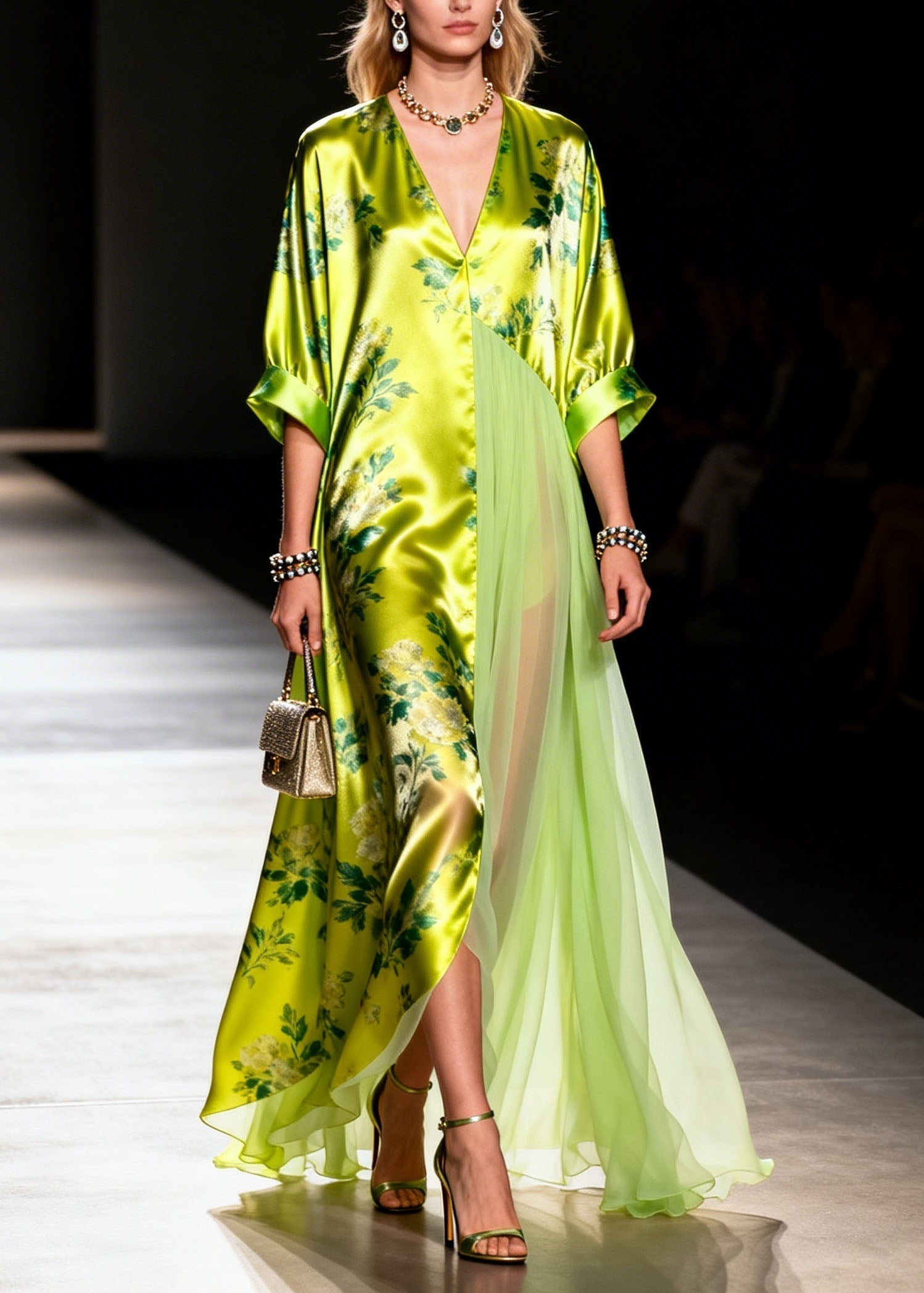 Floral Print Deep V-Neck Pleated Chiffon Panel Wide Cuff Sleeve Maxi Dress