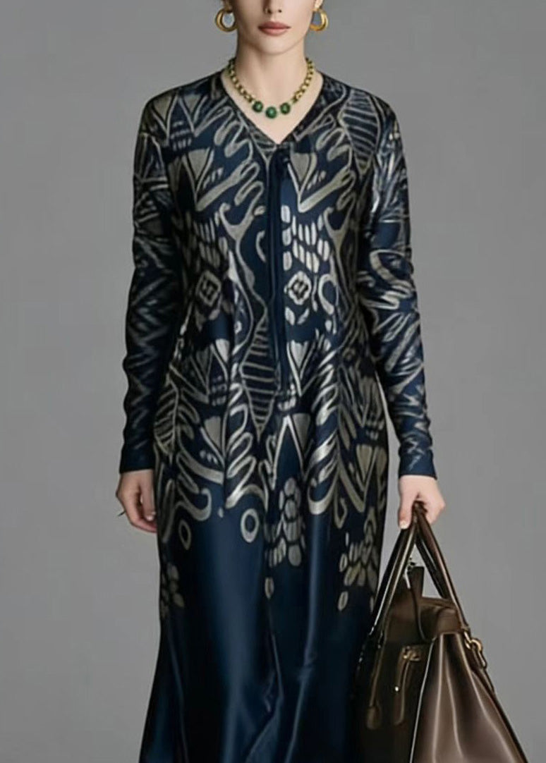 Abstract Print V-Neck Tie Neck Long Sleeve Flowy Midi Dress