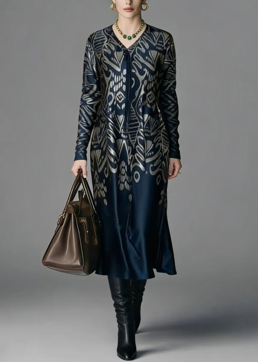 Abstract Print V-Neck Tie Neck Long Sleeve Flowy Midi Dress