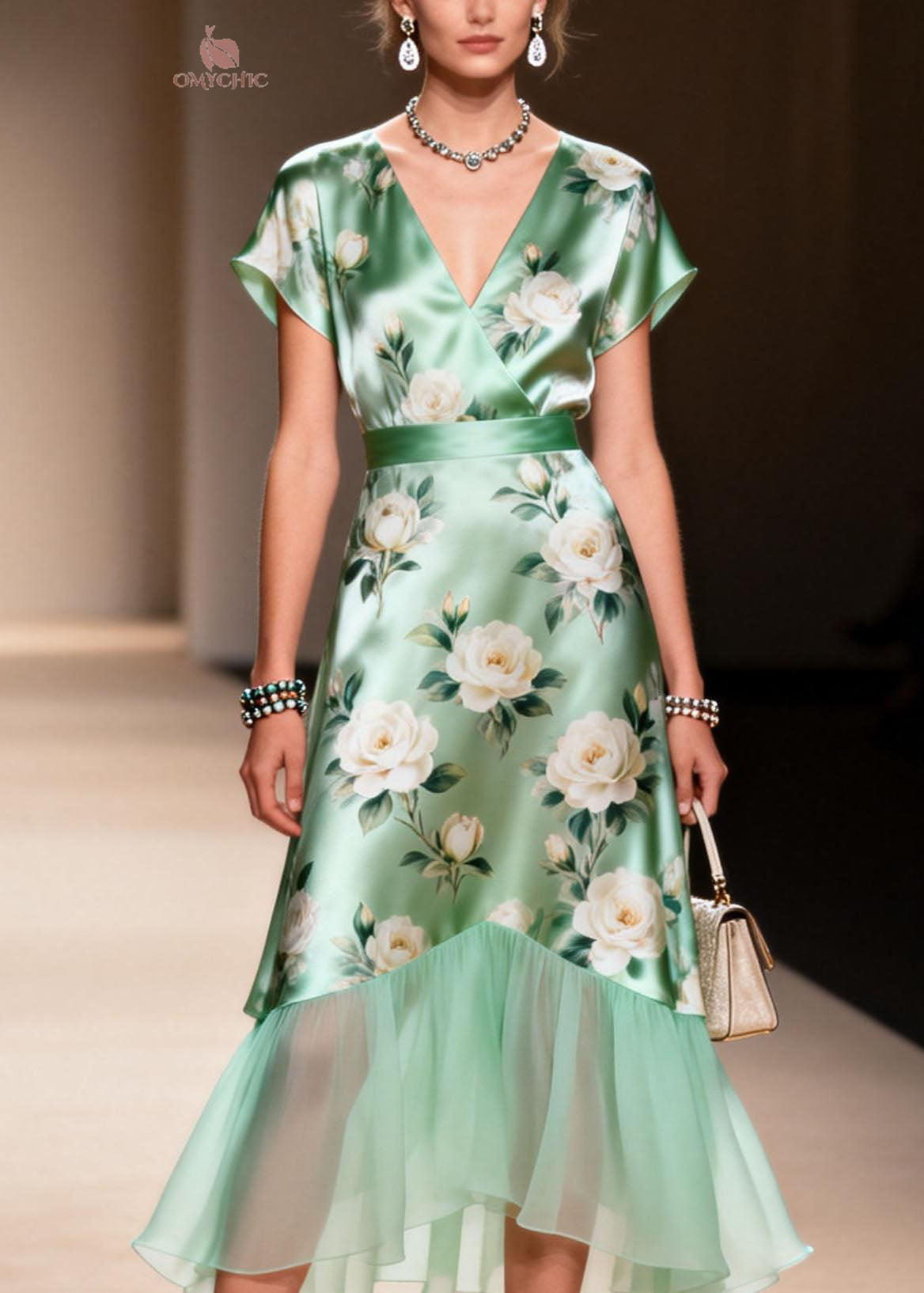 Floral Rose Print Wrap V-Neck Cap Sleeve Sheer Scallop Tier Midi Dress