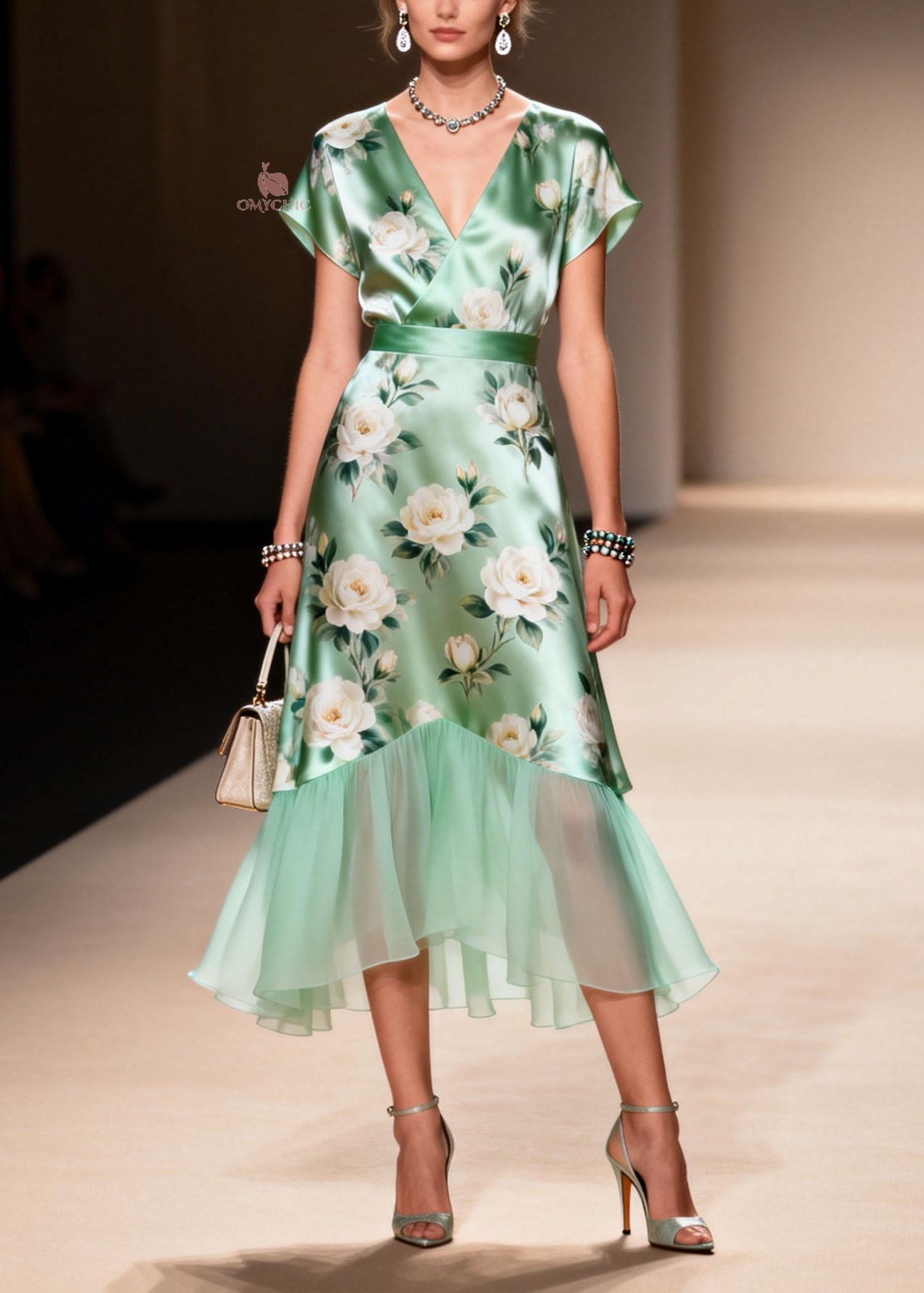 Floral Rose Print Wrap V-Neck Cap Sleeve Sheer Scallop Tier Midi Dress
