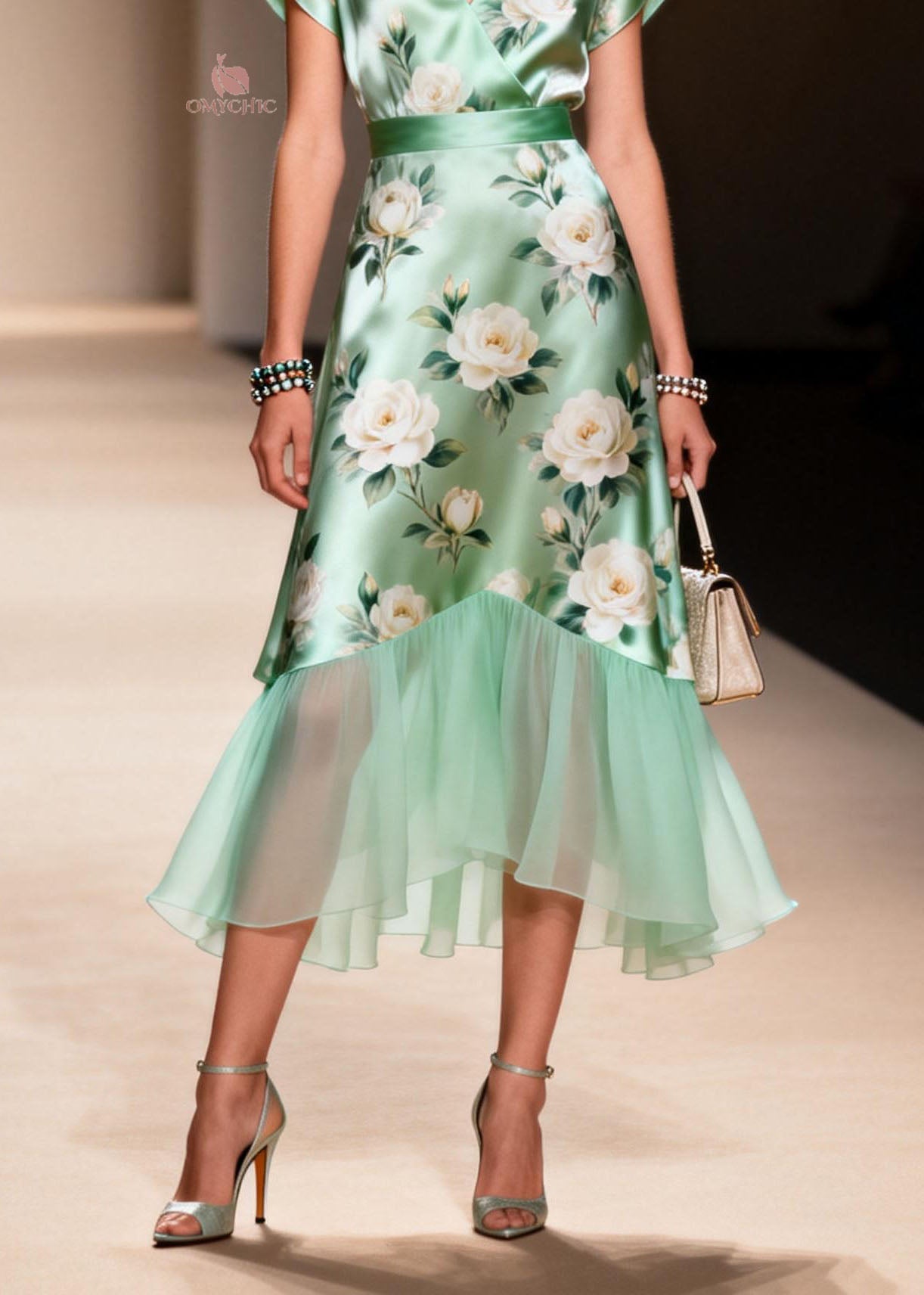 Floral Rose Print Wrap V-Neck Cap Sleeve Sheer Scallop Tier Midi Dress