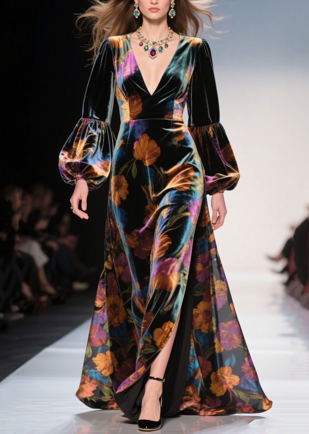 Velvet Floral Bishop Sleeve Deep V-Neck High Split Maxi Gown