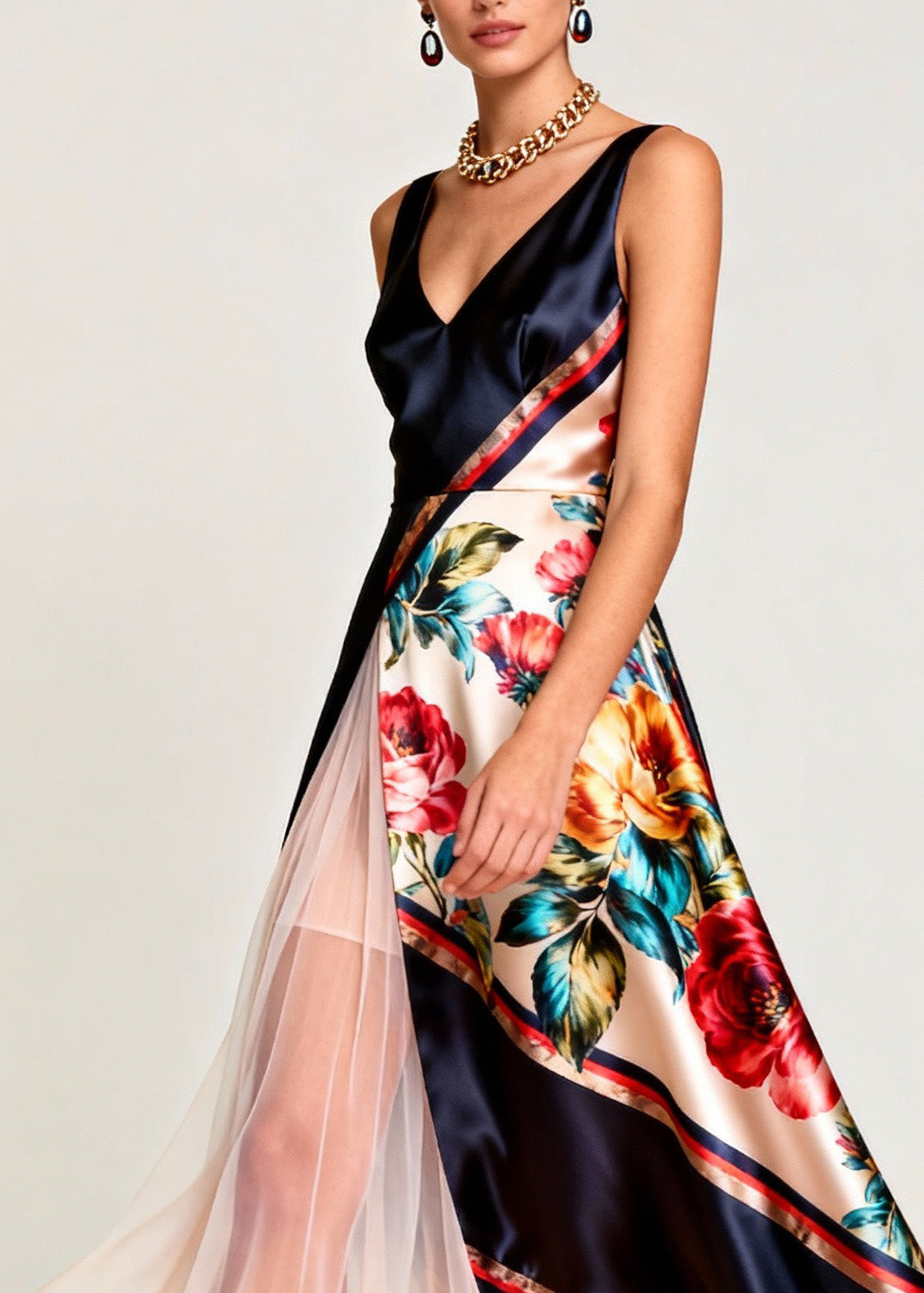 Floral Print Sleeveless V-Neck Pleated Chiffon Panel Maxi Gown