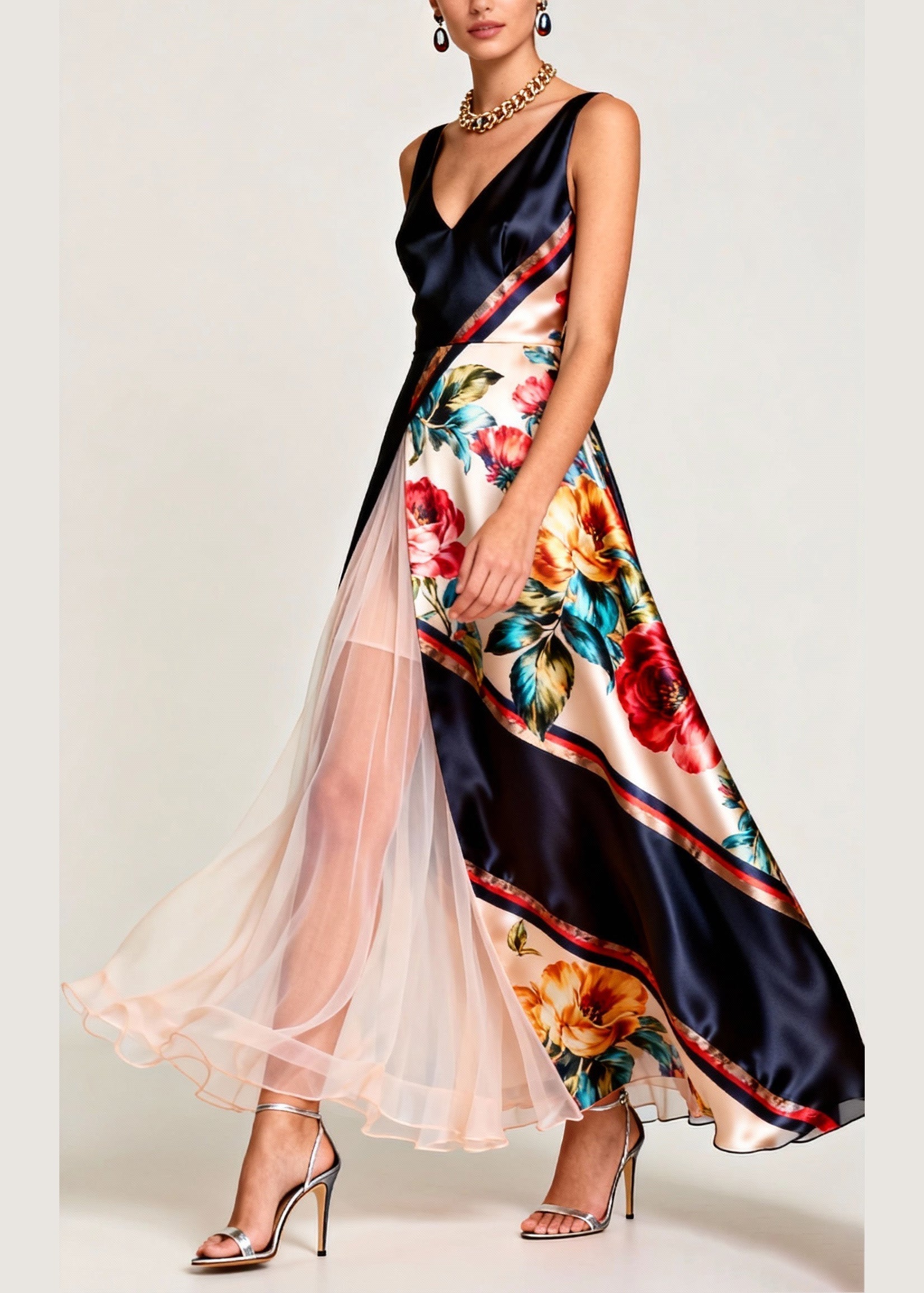 Floral Print Sleeveless V-Neck Pleated Chiffon Panel Maxi Gown