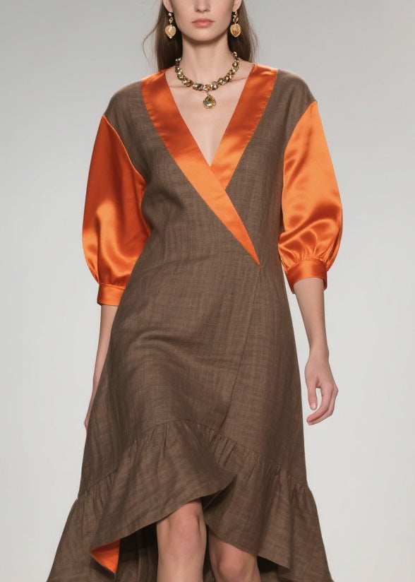 Wrap Deep V-Neck Puff Sleeve Satin Inset Asymmetrical Flounce Hem Midi Dress