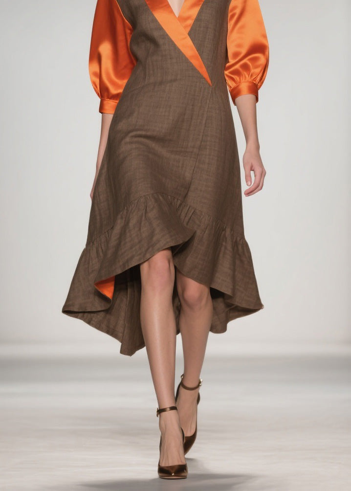 Wrap Deep V-Neck Puff Sleeve Satin Inset Asymmetrical Flounce Hem Midi Dress