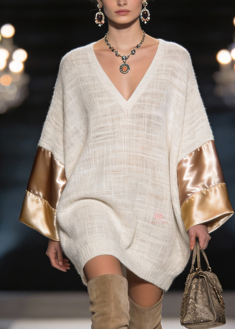 Knit Deep V-Neck Oversized Satin Panel Bell Sleeve Mini Dress
