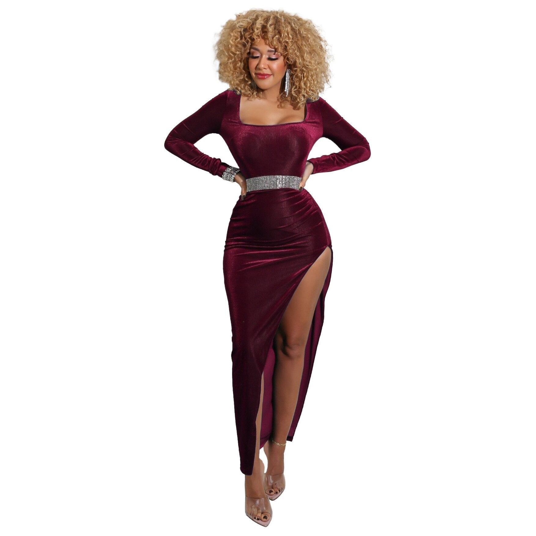 Refined Velvet High Waist Slit Maxi Dress Long Sleeve Evening Party Dress