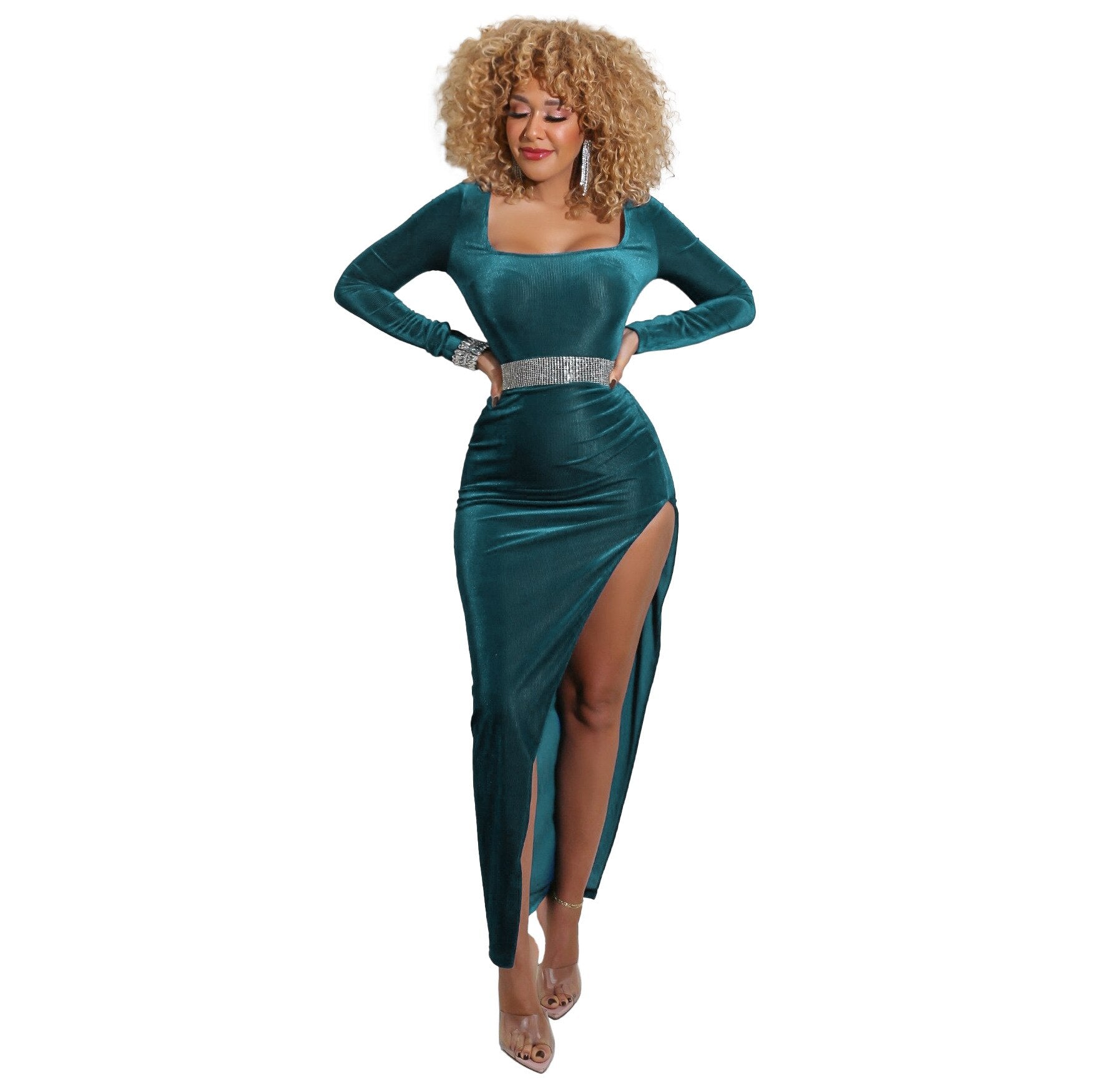Refined Velvet High Waist Slit Maxi Dress Long Sleeve Evening Party Dress