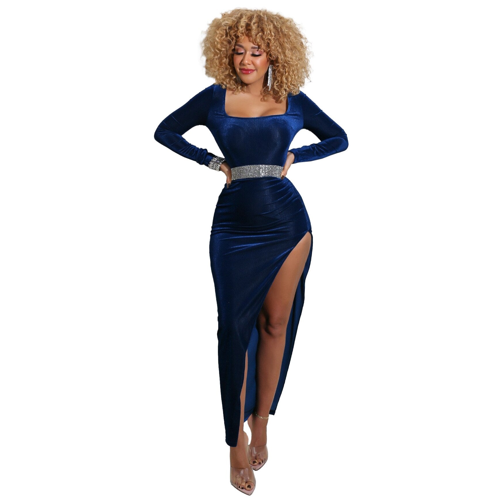 Refined Velvet High Waist Slit Maxi Dress Long Sleeve Evening Party Dress