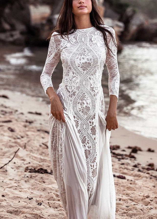 Crochet Lace Round Neck Long Sleeve Sheer Boho Beach Maxi Dress