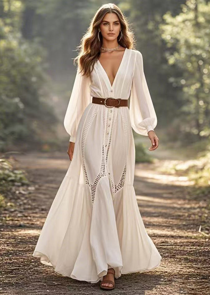 Deep V-Neck Button Down Bishop Sleeve Ladder Lace Trim Maxi Dress
