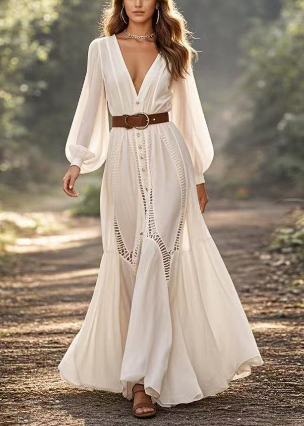 Deep V-Neck Button Down Bishop Sleeve Ladder Lace Trim Maxi Dress