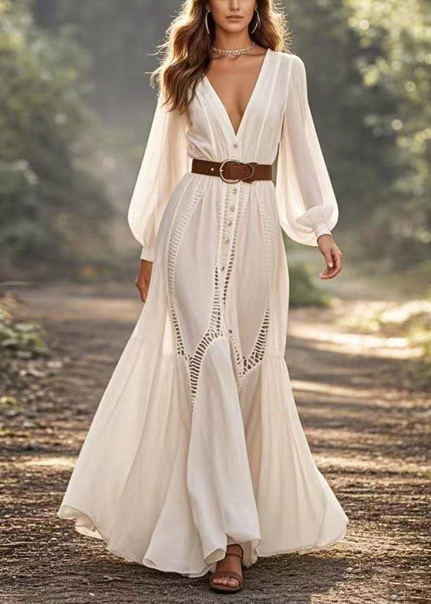 Deep V-Neck Button Down Bishop Sleeve Ladder Lace Trim Maxi Dress