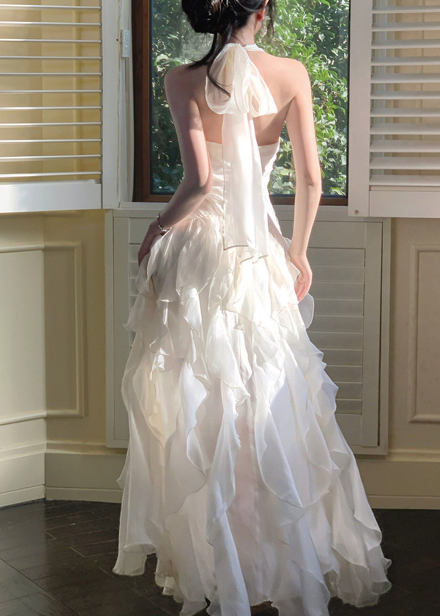 Elegant White Cinched Ruffled Tulle Maxi Dress Summer 5