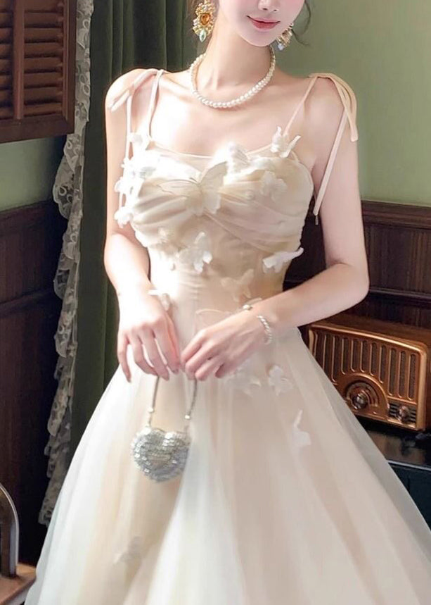 Butterfly Applique Tulle Tie Strap Ruched Bodice A-Line Maxi Dress