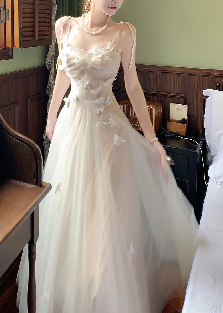 White Cold Shoulder Butterfly Tulle Maxi Spaghetti Strap Dress - View 2