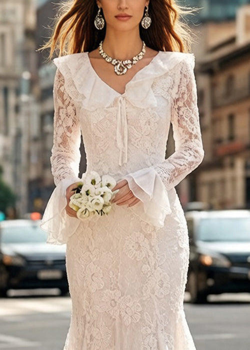 Floral Lace Ruffle Deep V-Neck Tie Front Flared Cuff Long Sleeve Mermaid Gown