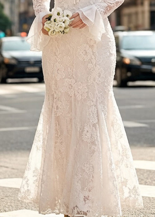 Floral Lace Ruffle Deep V-Neck Tie Front Flared Cuff Long Sleeve Mermaid Gown